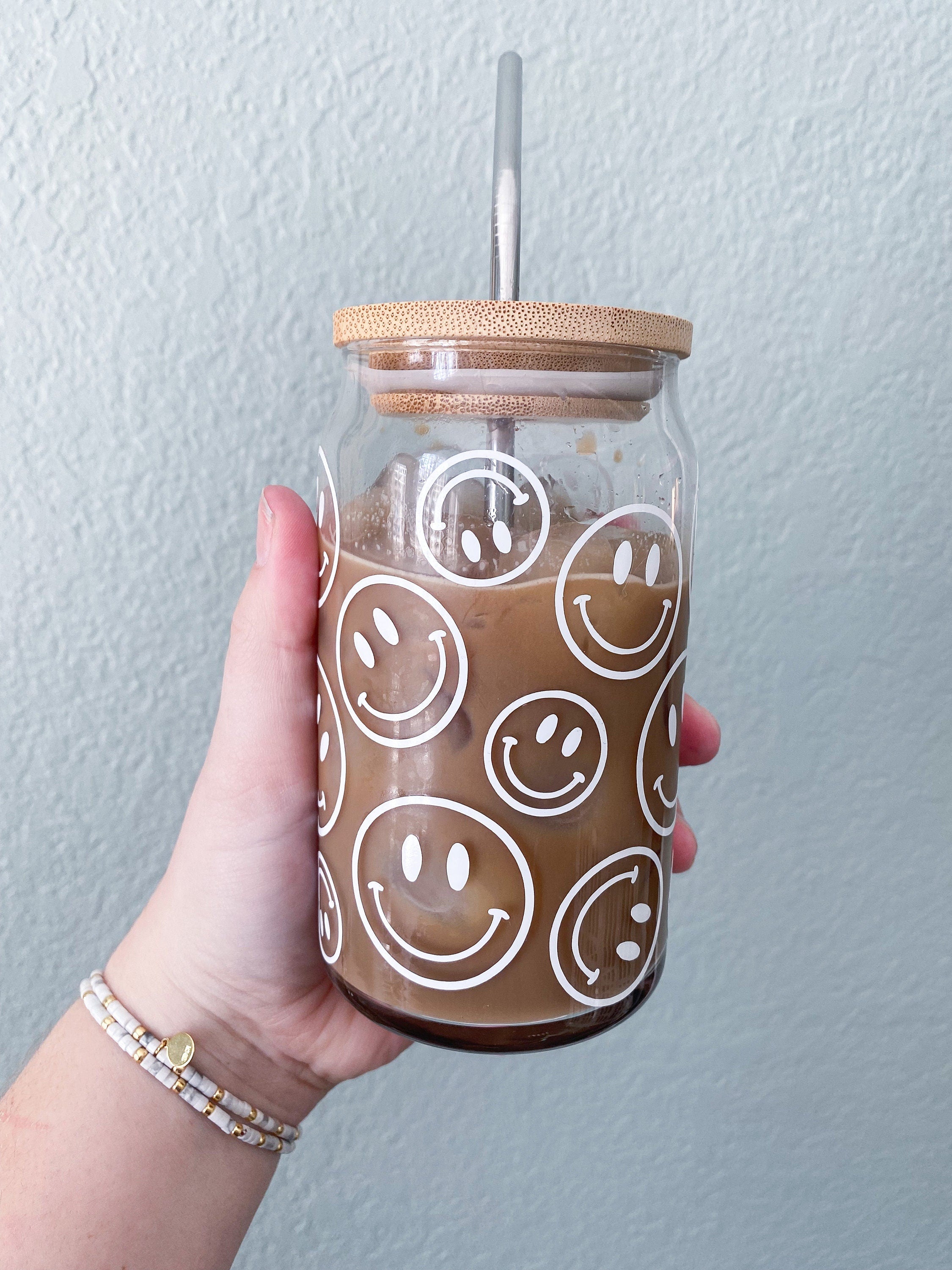 Smiling Faces Glass Beer Can with Bamboo Lid and Straw By Once Upon A –  www.