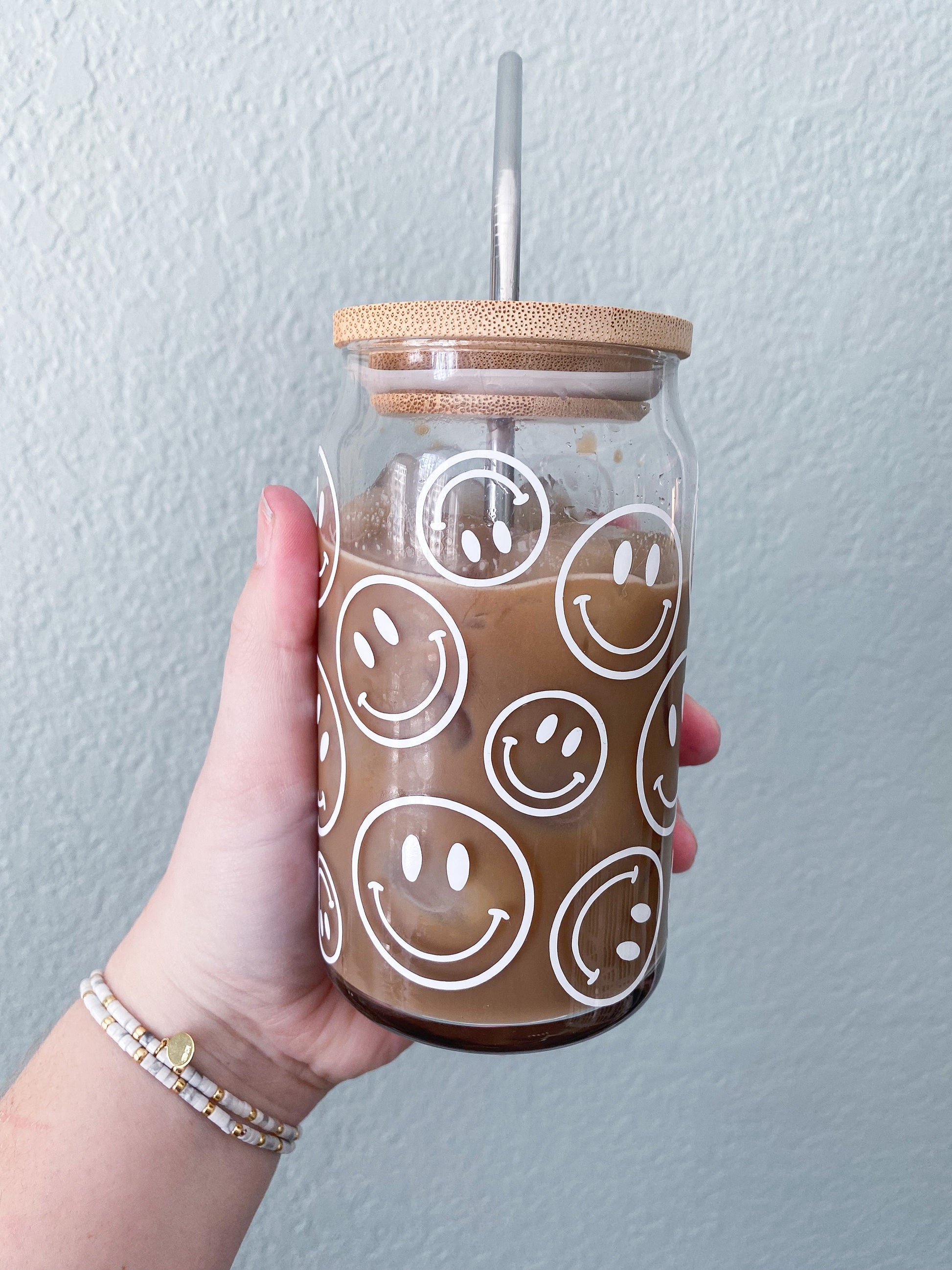 Smiley Face Iced Coffee Glass Cup with Bamboo Lid and Reusable